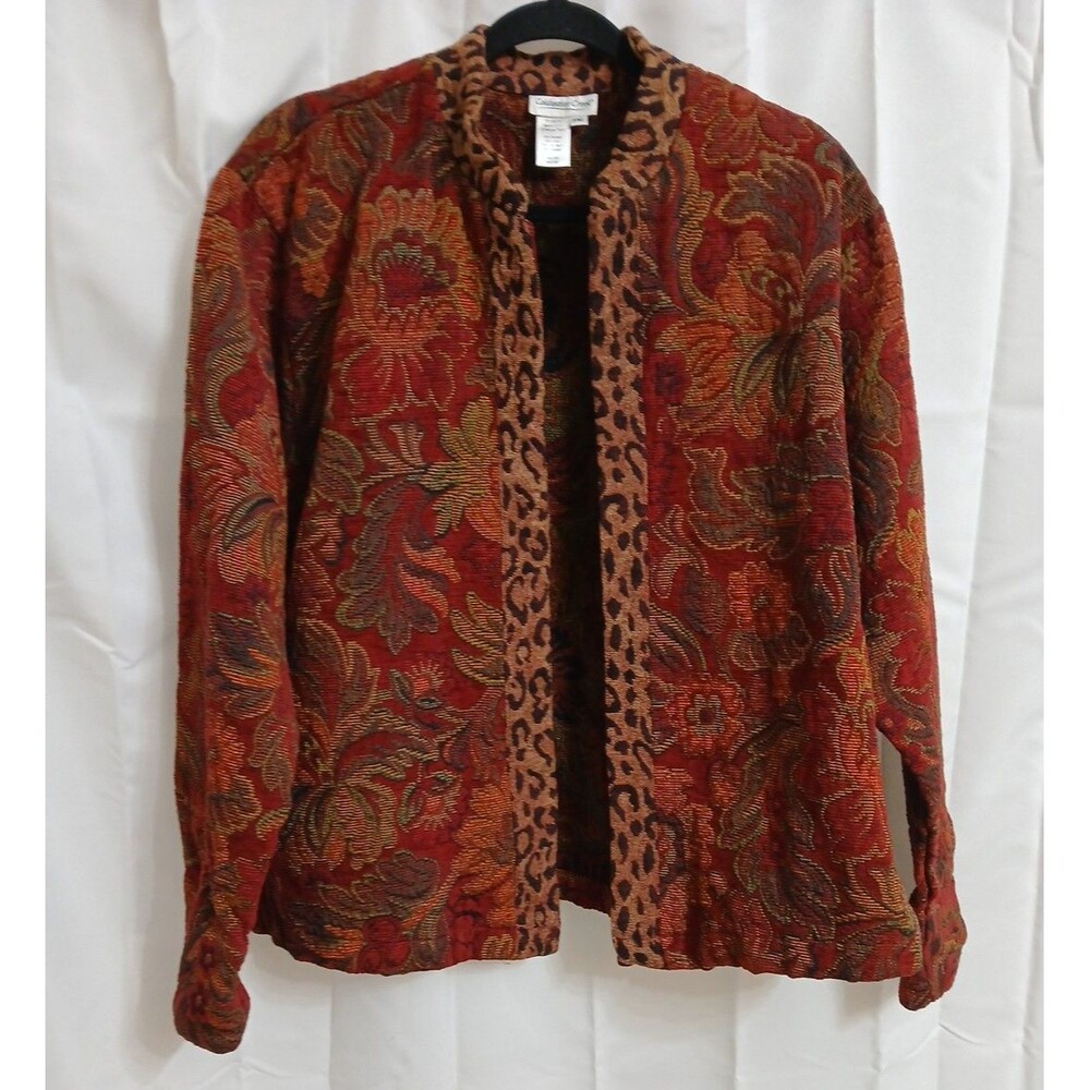 Cold Water Creek Tapestry Jacket Made USA Sz PXL Red W Leopard Accent